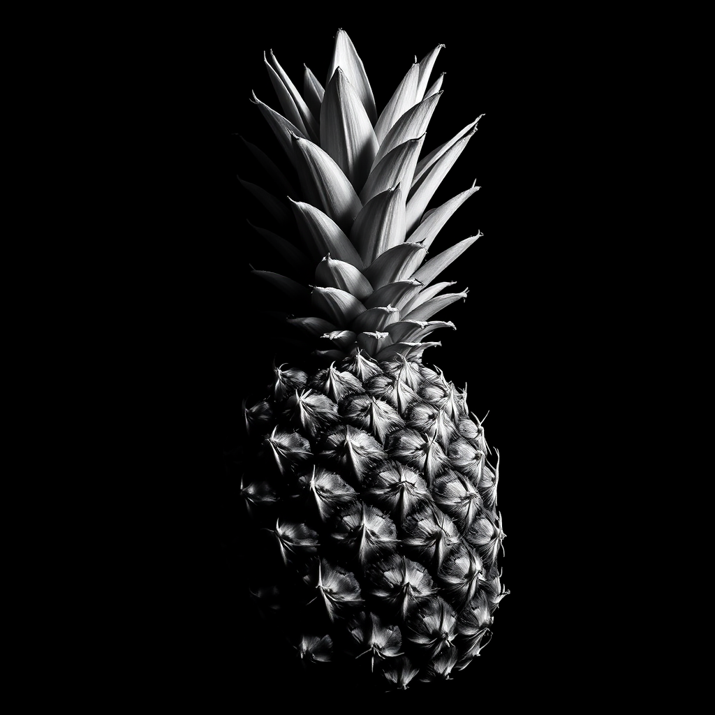 Create a high-contrast black and white image of a pineapple. The pineapple should be prominently featured with a dramatic lighting effect to highlight its texture and details. The background should be completely black to enhance the focus on the pineapple, emphasizing its unique spiky crown and rough skin.