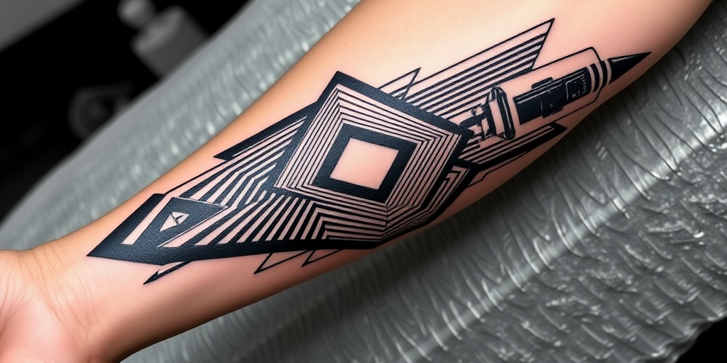 Bold geometric body tattoo covering the forearm, showcasing precise linework and optical illusions in stark black and white contrast, creating a mesmerizing 3D effect