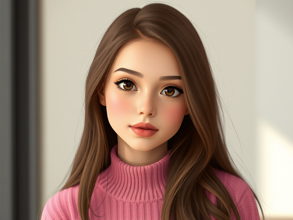 Create a digital illustration of a young woman with long brown hair and big dark eyes, wearing a pink sweater, in a soft focus style, with a high-resolution 4K quality, using a 50mm lens at f/1.8 aperture for a shallow depth of field, capturing from a slightly above eye level perspective.