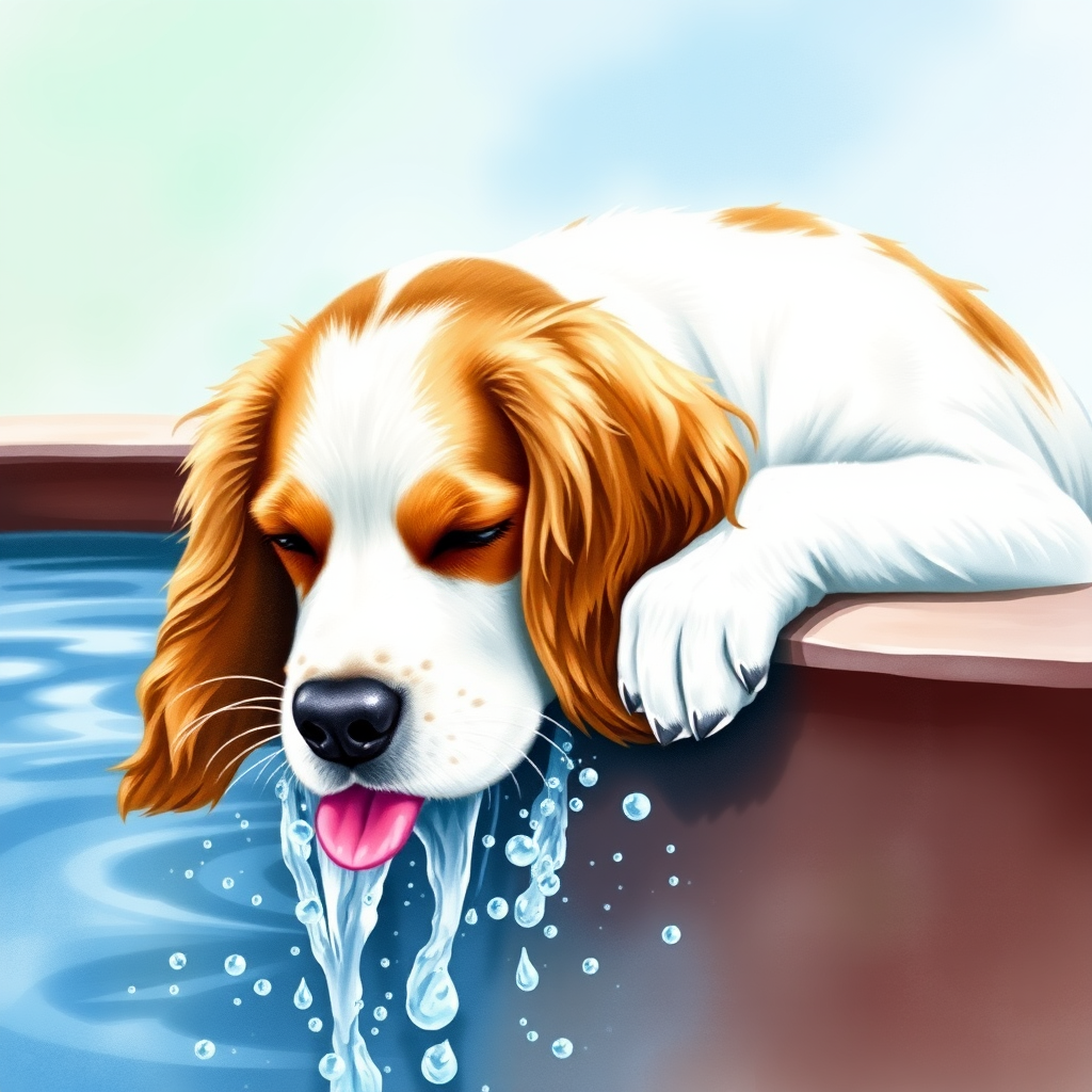 Watercolor ink illustration, A digitally created artwork of a Cocker Spaniel dog leaning on a water fountain, eyes closed, tongue out as if lapping water. The white dog has brown and cream patches, especially on its ears and face. Water splashes around it with detailed droplets. The background features a soft blue-green gradient, suggesting a sunny day. The style is realistic, focusing on the texture of fur and water for a lifelike, vibrant feel.