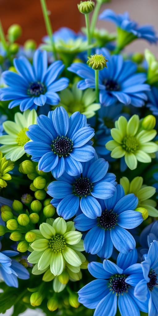 Floral arrangement with blue and green flowers in a vibrant bouquet, macro lens, f/2.8 aperture, 50mm lens, natural lighting, DSLR camera.