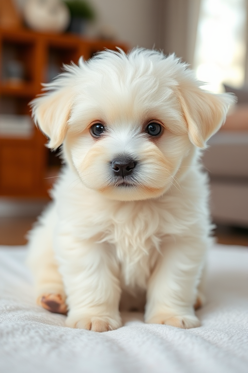 Cute fluffy white puppy with round body and big black eyes sitting on a soft white surface in a cozy indoor setting.