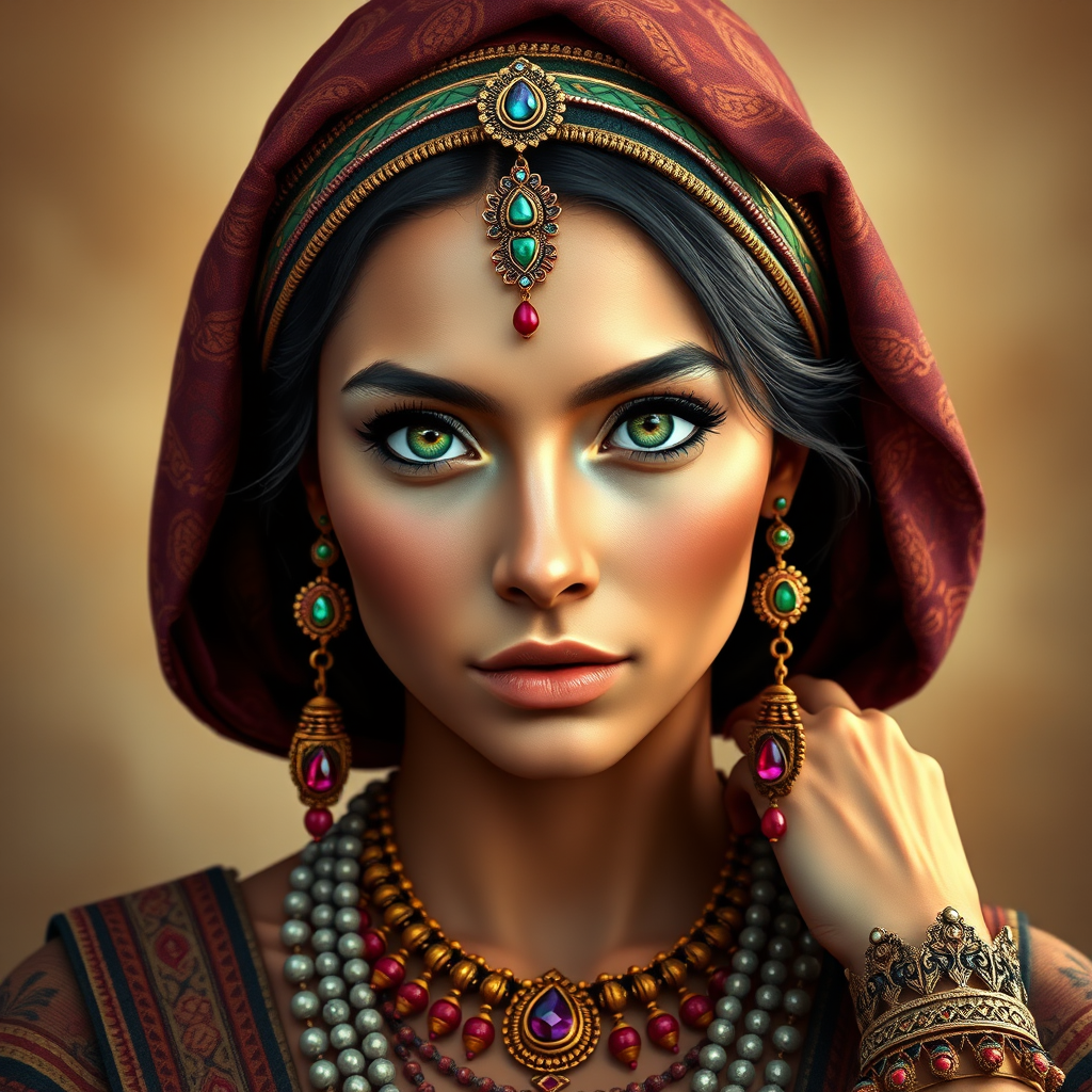 Create a portrait of a beautiful Aztec woman with striking green eyes and a gentle expression. She is adorned in traditional attire with intricate patterns, including a richly embroidered headscarf and matching garments. Her jewelry includes a delicate headpiece, dangling earrings, and ornate bracelets, all featuring vibrant gemstones and detailed metalwork. The background is soft and warm, enhancing the rich colors of her outfit and jewelry.