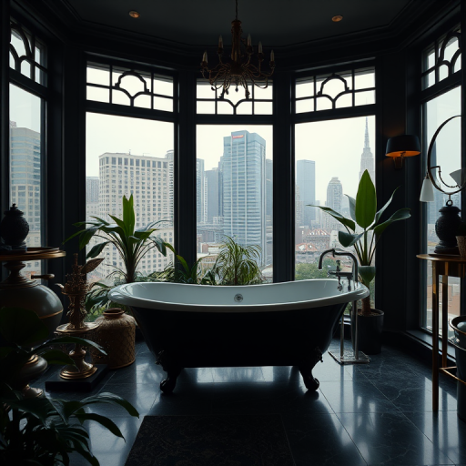 A luxurious dark-themed bathroom with a vintage clawfoot bathtub, large windows showcasing an urban landscape, surrounded by lush green plants and elegant decor, soft ambient lighting, shot with a Canon EOS R5, 50mm lens, f/1.8 aperture, ISO 200, in low light, with a focus on depth of field and rich color saturation.