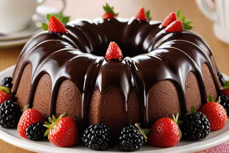Create an image of a chocolate bundt cake topped with fresh strawberries and blackberries. The cake should have a glossy chocolate glaze dripping down the sides. Place the cake on an elegant cake stand with a decorative design, and include some scattered berries around the base for an appealing presentation.
