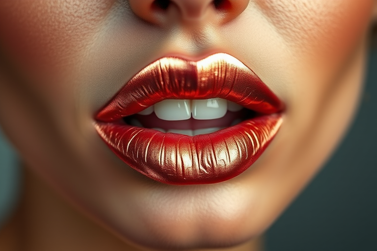 Metallic rose gold woman lips with shimmering finish, reflecting light beautifully, perfect for avant-garde makeup styles