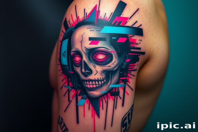 Glitch art tattoo called "Digital Disruption" incorporating pixelated elements distorted images and neon colors to create a futuristic cyberpunk-inspired design with a technological edge