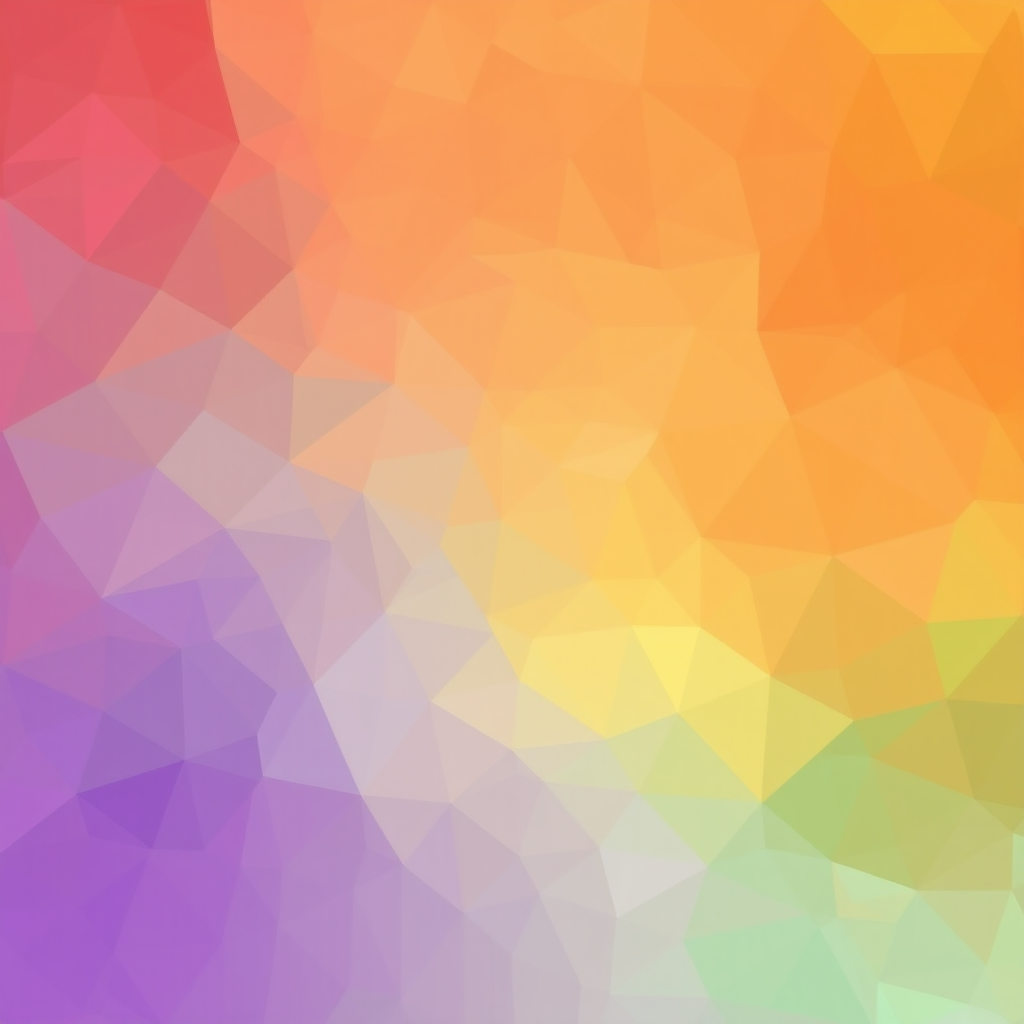 Create a vibrant abstract background with a gradient of red, orange, yellow, green, blue, and purple colors using low-poly triangular shapes, shot with a DSLR camera at f/8 aperture, ISO 100, 50mm lens, and soft focus for a dreamy effect.