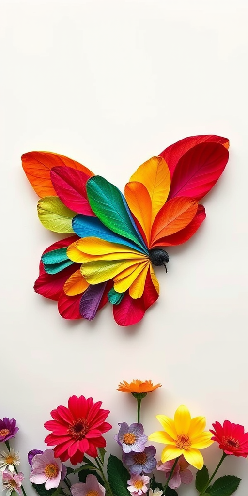 Create an image of a large butterfly made entirely of colorful flower petals. The butterfly should have vibrant shades of red, blue, yellow, green, and purple, with intricate details in the petals. The background should be neutral to emphasize the butterfly, and include some flowers at the bottom to enhance the composition.