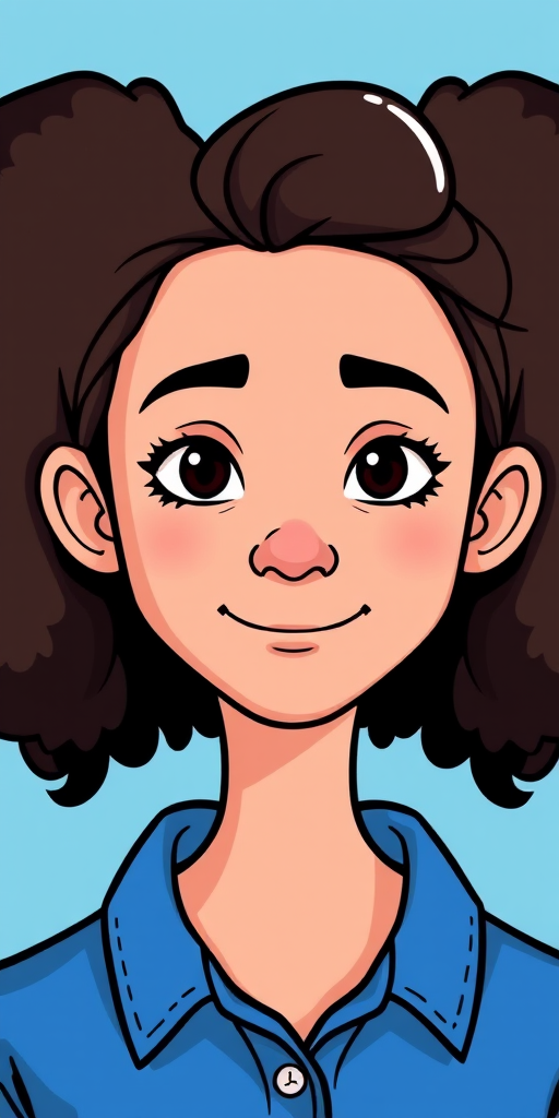 Create a cartoon-style portrait of a person with a simple face, wearing a blue shirt with a white collar, set against a light blue background, captured with a high-resolution digital camera at f/2.8 aperture, 50mm lens, and soft lighting to enhance colors and details.