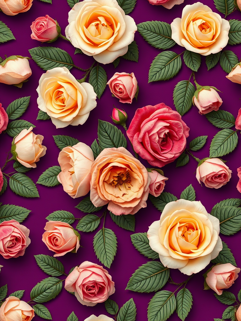 generate a seamless floral pattern of roses in various colors with leaves on a deep purple background, use a Canon EOS R5 with a 50mm f/1.2 lens, aperture set to f/4, shutter speed 1/125s, ISO 200, shot from a top-down view for clarity and detail