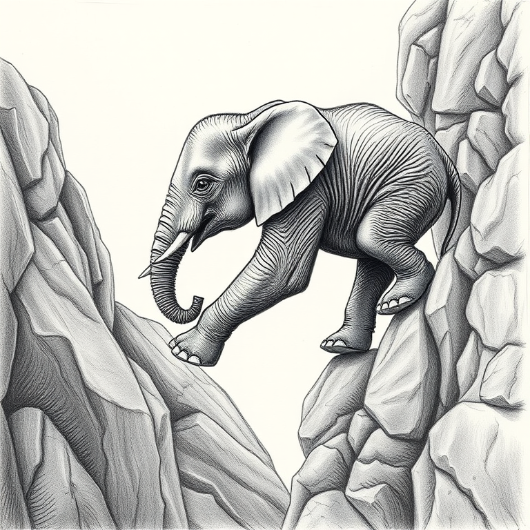 Create an intricate drawing of a baby elephant climbing down a rocky ledge, emphasizing texture and detail, using a high-resolution camera with a 50mm lens, f/2.8 aperture, ISO 100, and a shallow depth of field, capturing the scene from a slightly elevated angle for a dynamic perspective.