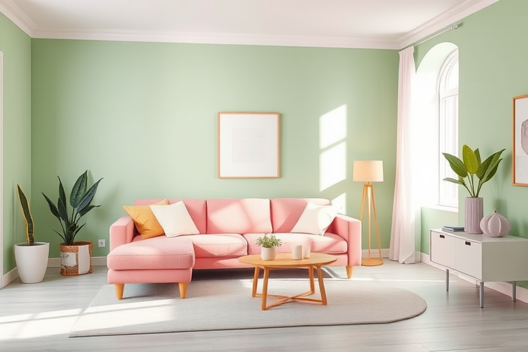 interior design of a minimalist living room with a pastel color palette featuring a pink sofa and green walls, soft natural lighting, shot with a DSLR camera at f/2.8, ISO 200, 50mm lens, wide-angle view, modern aesthetic, high resolution