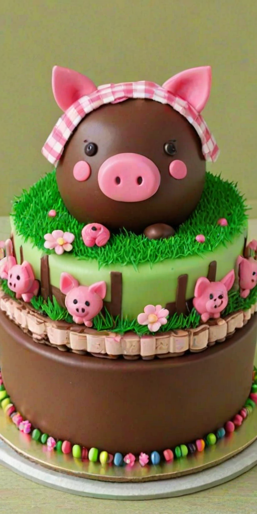 Create an image of a round chocolate cake with a smooth chocolate ganache top. The cake should have cute pink pigs made of fondant floating on top, some partially submerged. Surround the cake with Kit Kat bars as a border. Add a pink gingham ribbon tied around the middle, and place small flowers and grass decorations at the base for a playful, festive look.