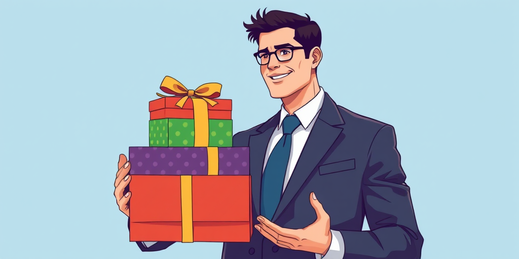 Create a digital illustration of a businessman in a suit, confidently presenting a stack of colorful gift boxes, using a high-resolution digital camera with a 50mm lens at f/1.8, shot from a slightly low angle to enhance perspective, in vibrant colors with smooth vector lines and a clean background for emphasis.