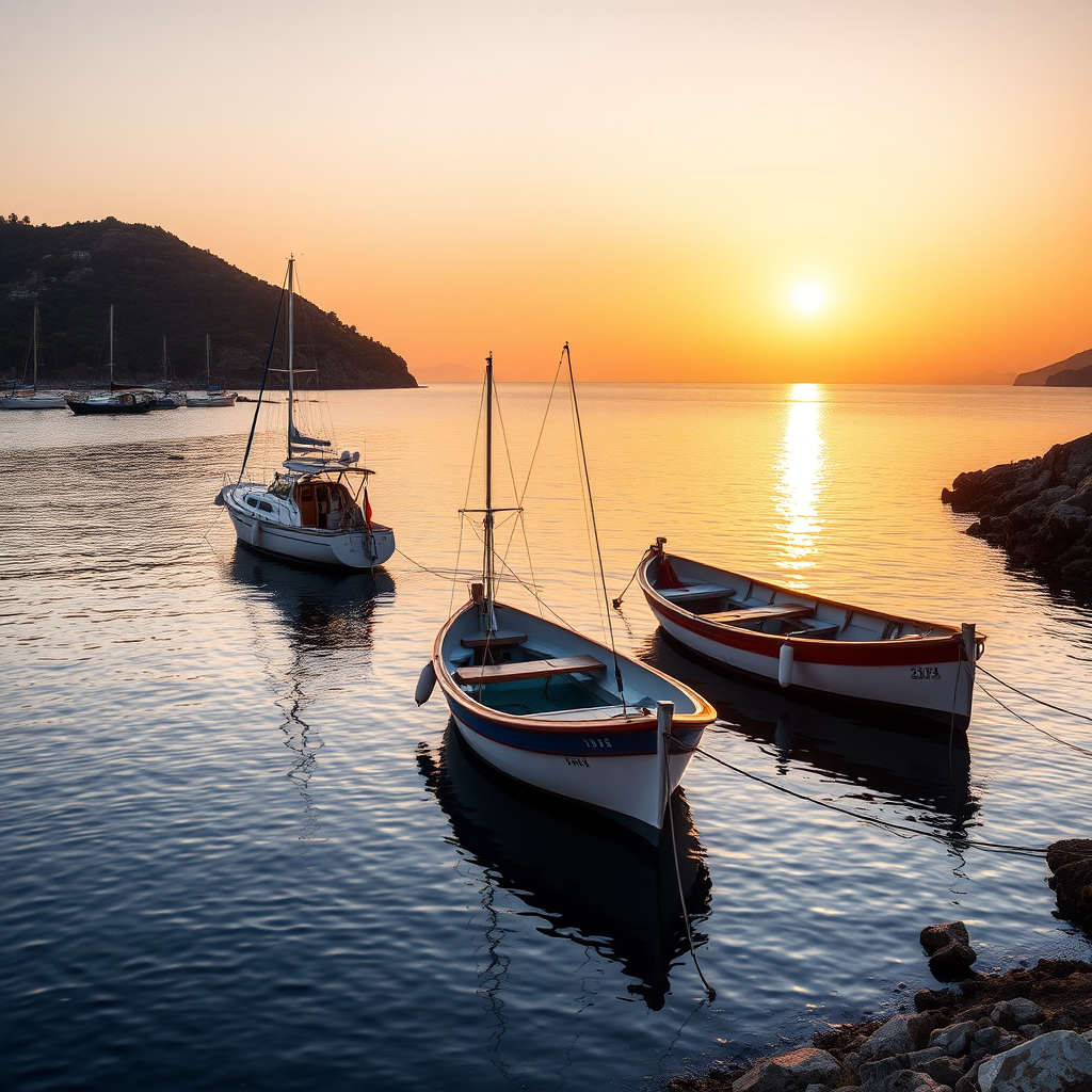 Regenerate a serene coastal scene with three boats docked in a calm bay during golden hour, capturing the warm, soft light reflecting on the water; use a DSLR camera, aperture f/8, ISO 100, shutter speed 1/250 sec, 35mm lens for a wide angle view.