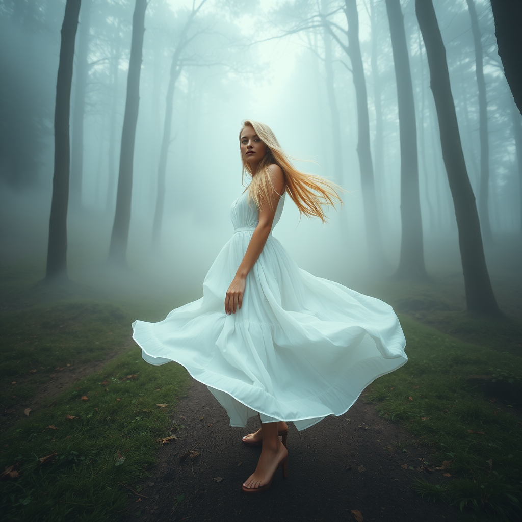 A wide-angle shot of a blonde woman standing on a misty forest path, wearing a flowing white dress. The rich fabric of her skirt billows gently in the wind, while her long blonde hair flows freely in the same breeze. The surrounding forest is enveloped in soft mist, creating a dreamy and ethereal atmosphere. Above her, the sunlight gently breaks through the fog, casting a faint glow over the scene. The woman's serene posture and the soft, natural light create a peaceful and mystical mood.