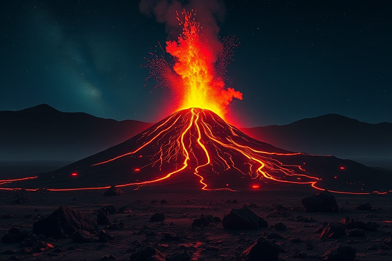 Create a highly detailed and realistic image of a volcanic eruption on an alien landscape at night with glowing lava, using a DSLR camera, 50mm lens, f/1.8 aperture, ISO 400, 1/60 second shutter speed, and a low-angle shot to emphasize the eruption and surrounding terrain.