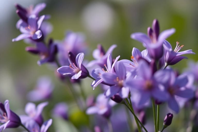 Close-up shot of purple flowers with shallow depth of field, ISO 100, f/2.8, 1/200s, 85mm macro lens, soft natural light, Canon DSLR, low angle view.