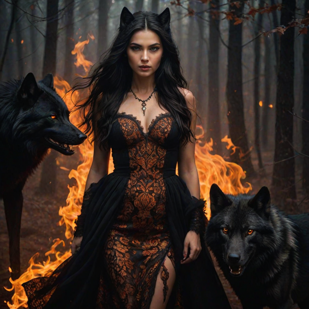 A woman with long dark hair, wearing a black lace dress that seamlessly blends into her skin with intricate floral patterns. She is in the foreground, with a black wolf beside her; its fur is midnight black, and it has glowing, intense, orange eyes that match hers. Her eyes are partially closed with burning embers above them, giving a fiery and mystical aura. The background is engulfed in tall, roaring flames, contributing to an overall dark and supernatural atmosphere. The colors are intense, predominantly black, fiery orange, and deep reds, with sharp contrast highlighting the mysterious and fierce theme. The flames are bright and dynamic, casting dramatic light and shadow, illuminating the woman and wolf while leaving parts in near darkness. The image evokes a sense of otherworldly power and connection between the woman and the wolf.