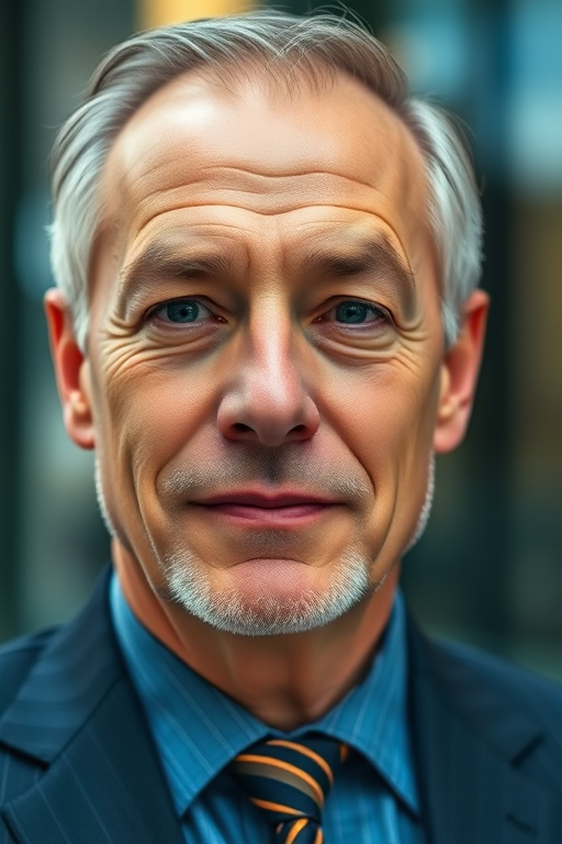 close-up portrait of a mature man in a suit with a confident expression, shallow depth of field to blur the background, soft natural lighting, 85mm lens, f/1.8 aperture, ISO 200, 1/125s shutter speed, taken with a full-frame DSLR camera