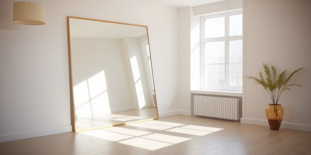 Create a minimalist interior scene featuring a large, reflective mirror, soft natural light casting gentle shadows, shot with a DSLR camera at f/8, ISO 100, 24mm focal length, in a bright and airy style with an emphasis on clean lines and subtle colors.
