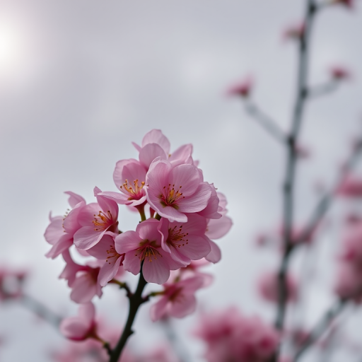 Close-up of blossoming pink flowers on a tree branch against a cloudy sky, using a DSLR camera with a 50mm lens, aperture f/2.8, ISO 100, natural light, shallow depth of field for enhanced detail and vibrant colors.