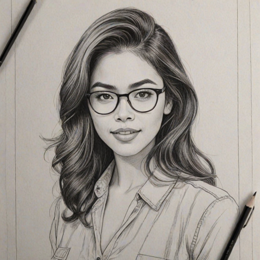 Enchanting Ashley Argota, pencil sketch, portrait of Ravishing woman 1954s in glasses, hair style beatnik, outline, clear lines, fine lines, 8k