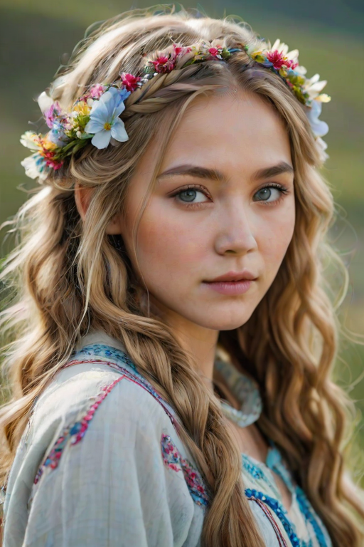 Create an image of a young Kyrgyz woman with long, wavy blonde hair, adorned with small, colorful flowers woven into her braids and loose strands. Her complexion is fair, with soft, glowing skin, and she has light blue eyes that gaze softly at the viewer. She wears a light, flowing dress with a gentle, ethereal quality, complementing her delicate and serene appearance. The background is slightly blurred, drawing focus to her tranquil expression and the intricate details of the flowers in her hair. The overall mood of the image is one of natural beauty and grace, evoking a sense of peacefulness and connection with nature.