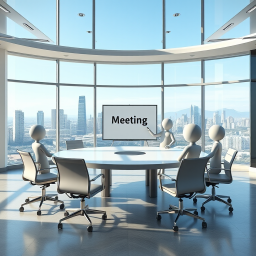 Generate a high-resolution image of a modern conference room with a large round table and six stylized human figures, one presenting at a whiteboard that says "Meeting," with a panoramic window view of a city skyline in the background, using a DSLR camera, 50mm lens, f/2.8 aperture, ISO 100, and natural lighting.