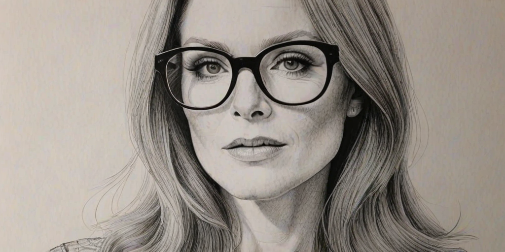 Stunning Julianne Moore, pencil sketch, portrait of Enticing woman 1960s in glasses, hair style beatnik, outline, clear lines, fine lines, 8k