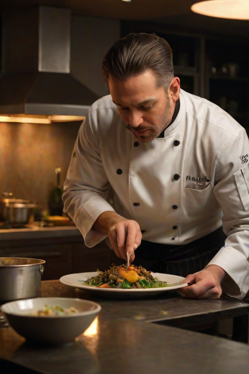 Sharp, high-resolution image of a chef plating a gourmet dish in a dimly lit kitchen, soft light reflecting off the plate, intricate details of the food arranged artfully, the smell of fresh ingredients and spices filling the air, a sense of culinary artistry captured.