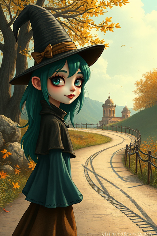 digital art fantasy depicting a strange girl with green hair, long eyelashes, brown lipstick and a tall hat walking along a winding road on an autumn afternoon, an Vaquita smiles as she passes