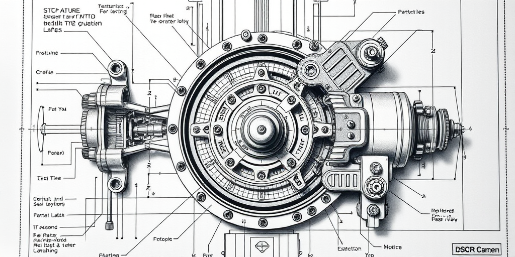 Create a highly detailed technical drawing of a mechanical component featuring intricate parts and annotations, captured with a DSLR camera using a 50mm lens, aperture f/8, ISO 200, and a top-down view to enhance clarity and depth.