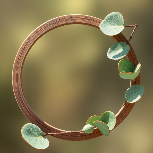 Create a high-resolution illustration of a circular frame with eucalyptus leaves gracefully placed on one side, using a DSLR camera in macro mode, f/2.8 aperture, 1/200 shutter speed, and natural lighting for enhanced detail and clarity.