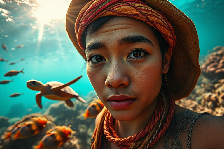 Realistic selfie image of a Quechua, wearing a vintage outfit, detailed dreamy eyes, droopy hooded eyes, staring at the camera, taken underwater at coral reef with a sunbeam filtering through the water, vibrant, summer vacation, natural lighting, turtle and school of tropical fish with vibrant colors, rendered in the style of CryEngine, Pegi Nicol MacLeod, with realistic genre scenes, hauntingly beautiful narratives, ultra-realism, and Thomas Saliot's close-up technique, 8K resolution, crystal clear and sparkling water.