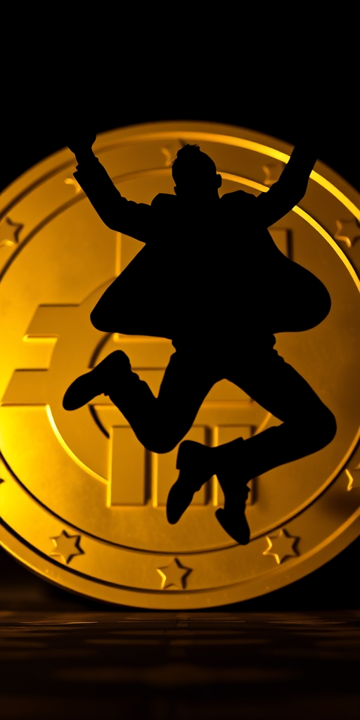 Create an image of a silhouetted businessman jumping against a large golden Euro coin backdrop, captured with a Canon EOS 5D Mark IV at f/2.8, ISO 100, 1/500 sec, with a low angle view and dramatic lighting for high contrast and depth.