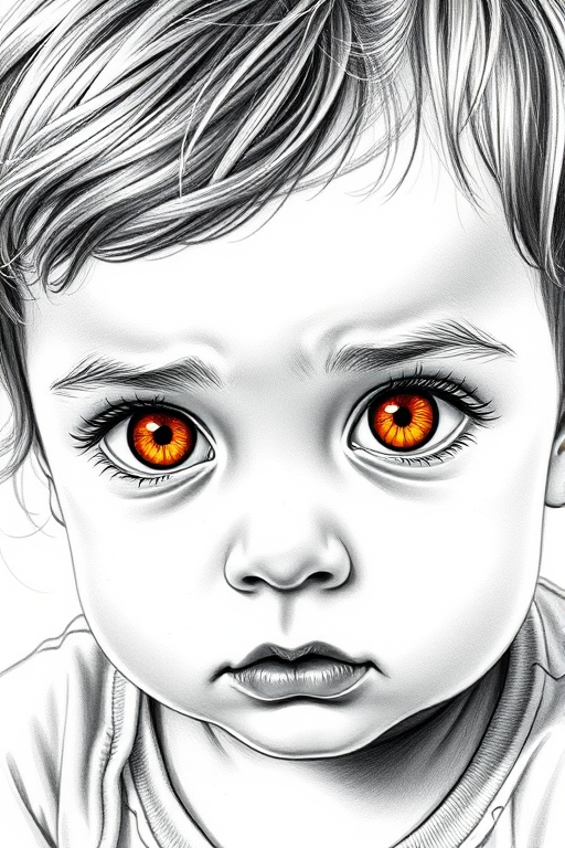 A hyperdetailed photorealistic black and white sketch of a beautiful toddler with deep orange eyes, with a macro focus