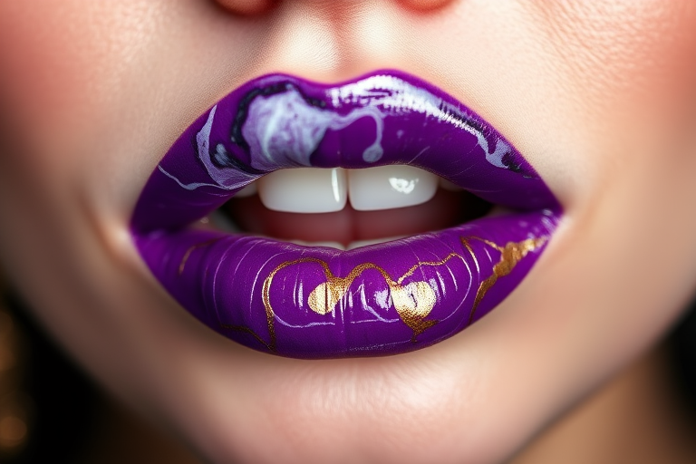 Vivid purple lips with marble swirls in white and gold, called "Amethyst Aura," feature a high-shine finish and subtle duochrome effect for luxurious evening events