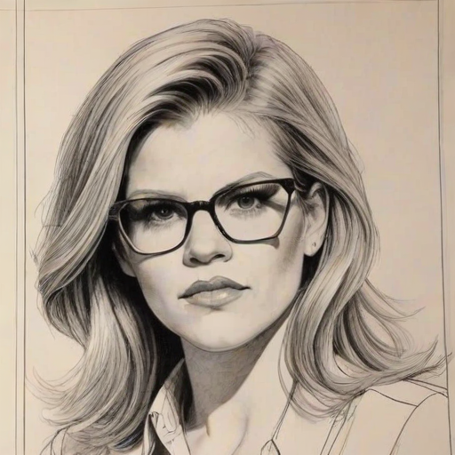 Comely Natalie Maines, pencil sketch, portrait of Alluring woman 1973s in glasses, hair style beatnik, outline, clear lines, fine lines, 8k