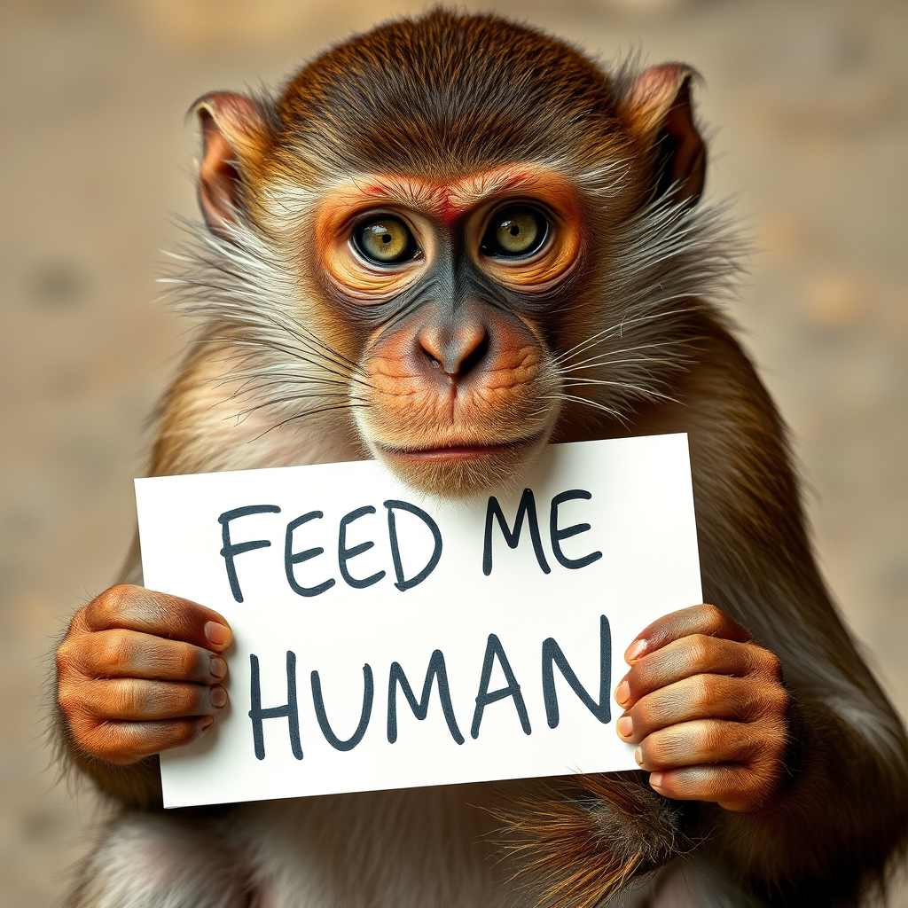 monkey holding a note which says "FEED ME HUMAN"