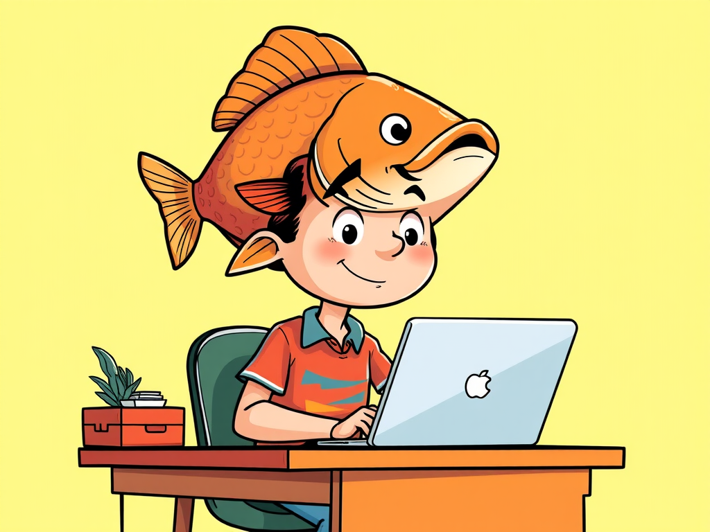 Create an illustration of a person sitting at a desk with a laptop, wearing a large fish on their head, in a colorful, cartoonish style, with a bright background; use a Canon EOS 5D Mark IV with a 50mm lens, aperture f/2.8, ISO 100, and a soft light setting to enhance clarity and vibrancy.
