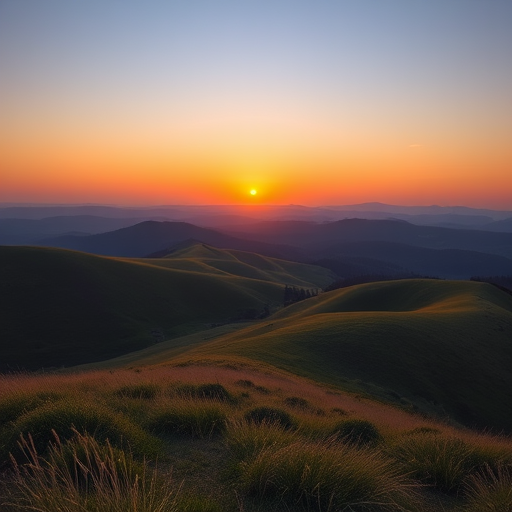 Create an image of a serene landscape with rolling hills and a sunset in the background, taken with a DSLR camera at f/8 aperture, ISO 200, 1/100s shutter speed, wide-angle view, and using a vibrant color profile for enhanced image quality.