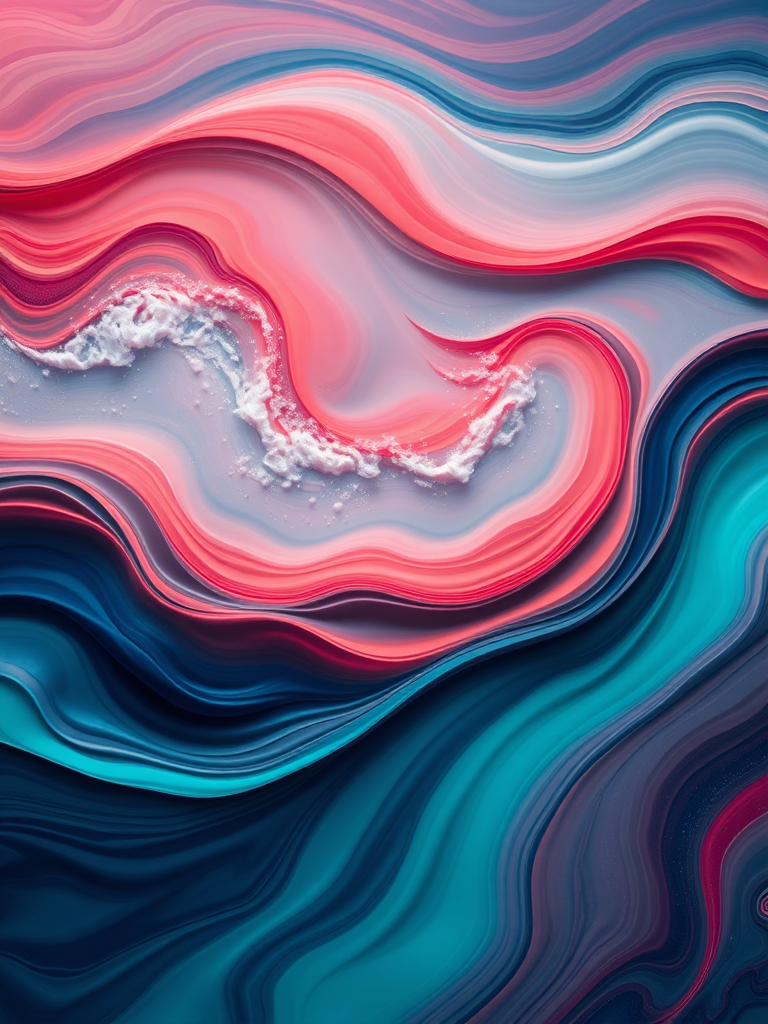 Create an abstract design with flowing waves in vibrant colors like teal, navy, and coral, using a Canon EOS R5, ISO 100, f/8, 50mm lens, soft focus style, top-down view.
