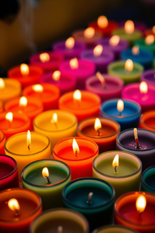 a vibrant display of multicolored candles arranged in a grid pattern, with soft flames flickering, taken with a DSLR camera, aperture f/2.8, shutter speed 1/60s, ISO 200, macro lens, using a warm color filter for enhanced glow and detail in the wax textures