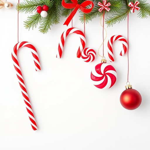 Create a festive arrangement of Christmas candy canes, peppermint swirls, and holiday ornaments hanging on a white background, captured with a Canon EOS R5, 50mm lens, f/2.8 aperture, ISO 100, natural lighting, and high dynamic range for enhanced colors and details.