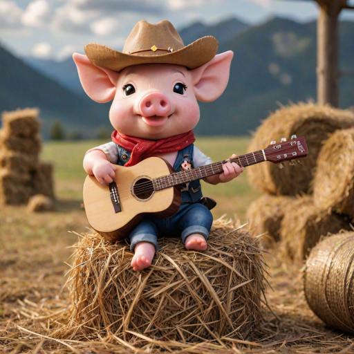 A chibi pig, dressed as a cowboy, playing guitar, sitting on a hay bale