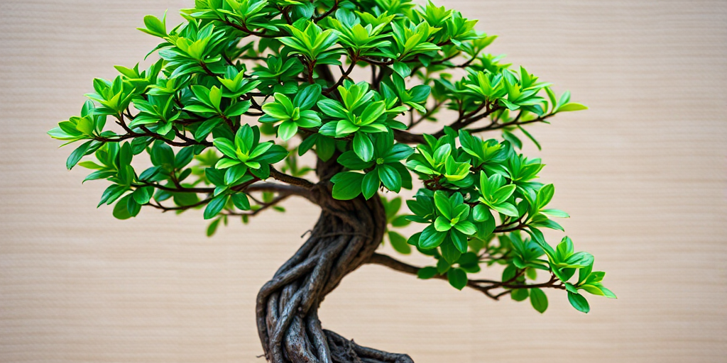 Capture a close-up of a bonsai tree with vibrant green foliage against a textured beige background, using a DSLR camera, aperture f/2.8 for shallow depth of field, ISO 200 for optimal clarity, and a 50mm lens for detailed sharpness.