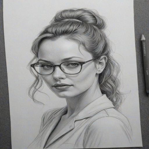 Resplendent Bijou Phillips, pencil sketch, portrait of Gorgeous woman 1958s in glasses, hair style beatnik, outline, clear lines, fine lines, 8k