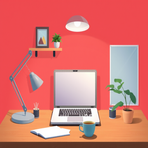 Create a digital illustration of a workspace featuring a laptop under a desk lamp, a shelf with a photo frame and a plant, a coffee cup on the desk, vibrant coral background, use a top-down view, 35mm lens, f/4 aperture, natural lighting for enhanced quality.